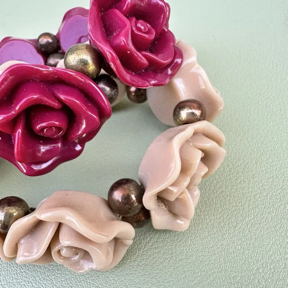 Carved Rose Bracelet Stack Flower Resin Pink Vintage Pink Red Gothic Romantic